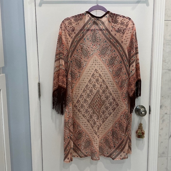 American Rag Boho Peach Brown Floral Fringe Festival Duster Kimono S M - Picture 2 of 10